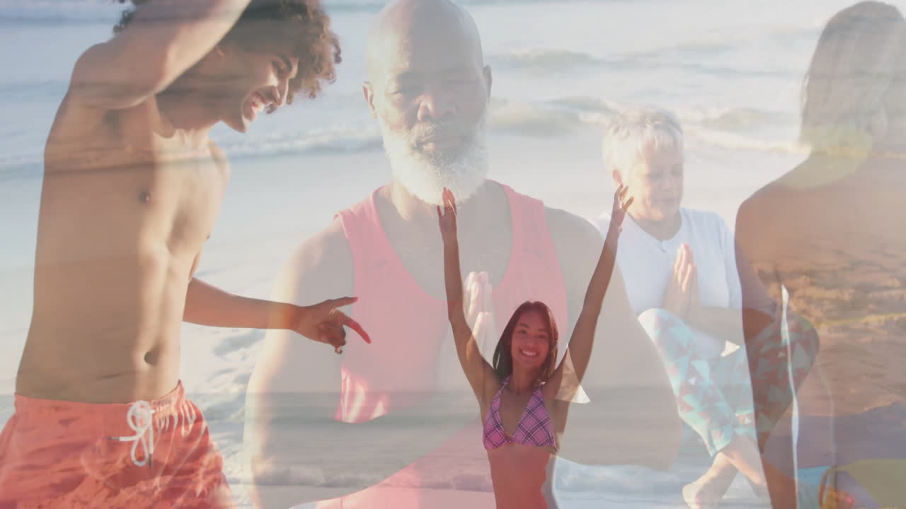 woman dancing on sandy beach, group doing yoga by waves, with animated wellness icons