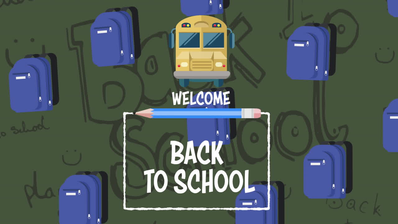 초록색 배경에 있는 학교 아이콘 위에 학교로 돌아오는 것을 환영하는 애니메이션