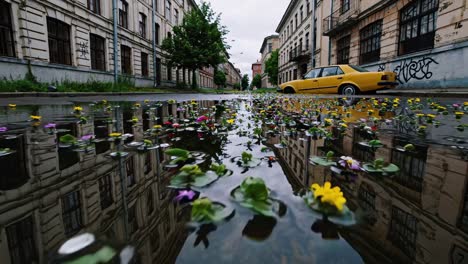 flowers in puddles on a city street