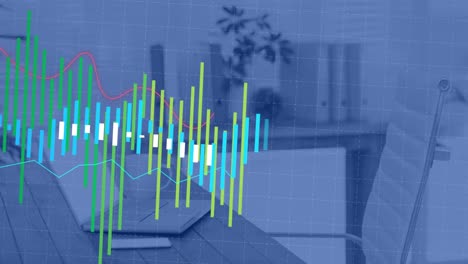 Animación-Del-Procesamiento-De-Datos-Estadísticos-Contra-Teléfonos-Inteligentes,-Computadoras-Portátiles-Y-Tazas-De-Café-En-El-Escritorio-De-La-Oficina