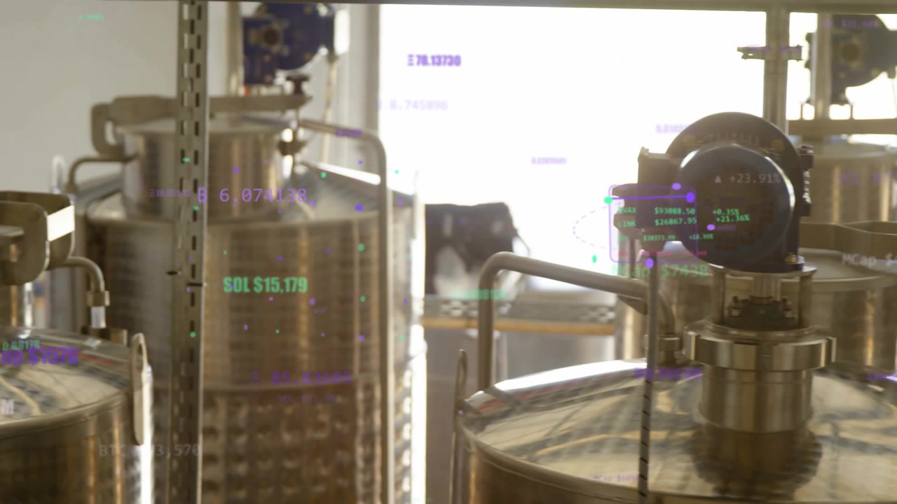 Camera panning left to right, stainless-steel tanks centering, HUD green purple tracking inspection
