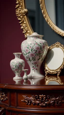 elegant floral porcelain vases on an ornate wooden table