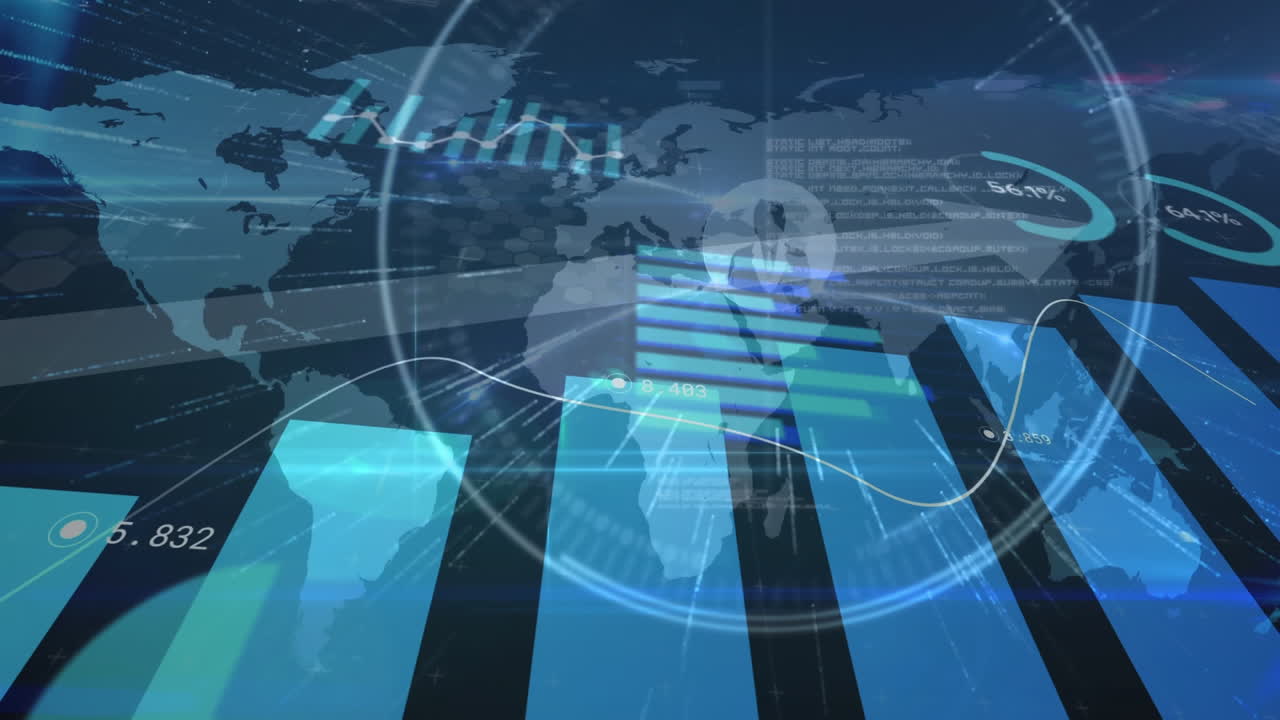 세계 지도 위에 상승하는 화살표와 함께 금융 데이터 처리를 가진 선의 애니메이션