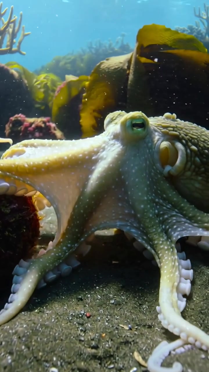 Video verticale: Un braccio si arriccia mentre la corrente si sposta, un polpo sonda la sabbia in una foresta di kelp, mostrando le ventose.
