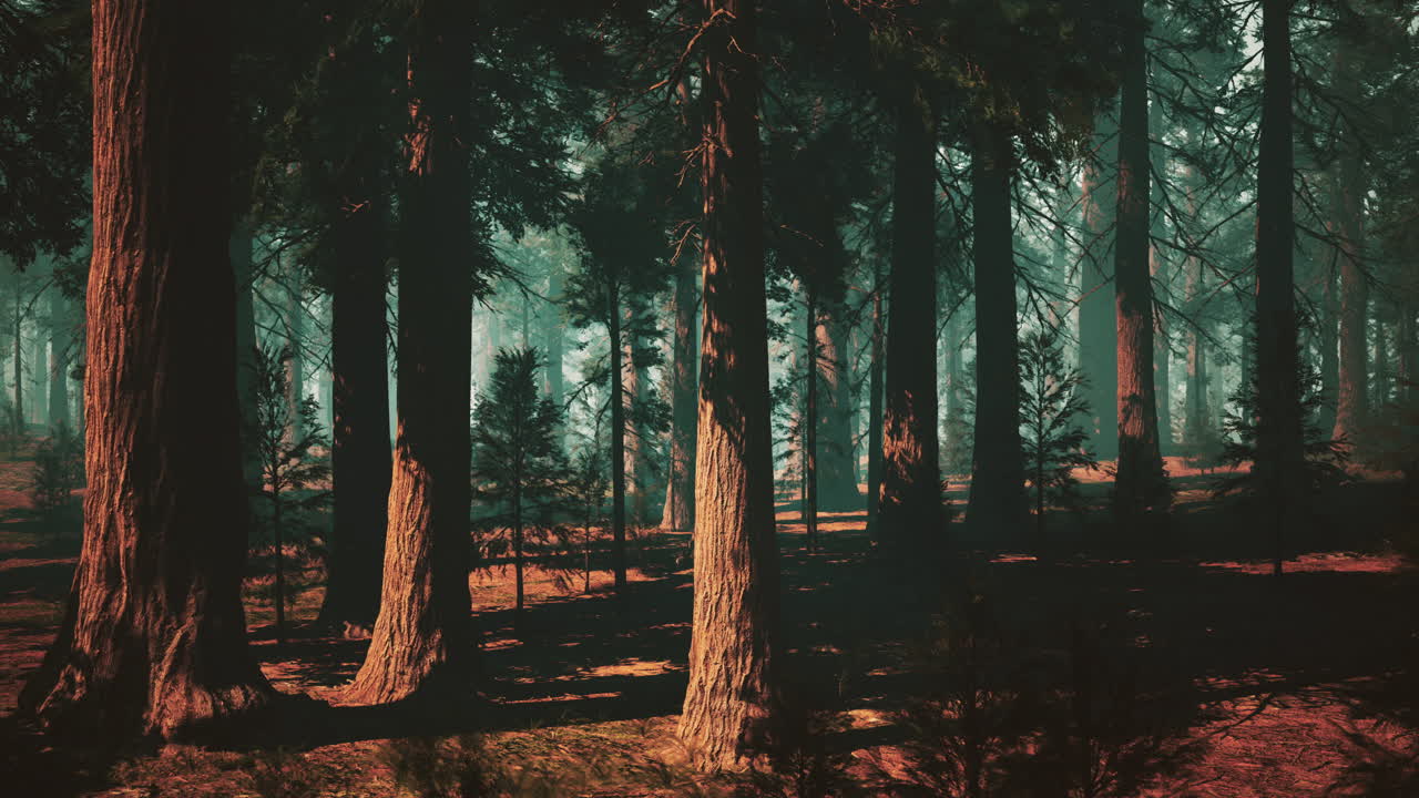 키가 큰 나무들이 있는 멋진 숲 풍경, 안개를 가로질러 아오르는 빛, 그리고 평화와 평온의 느낌.
