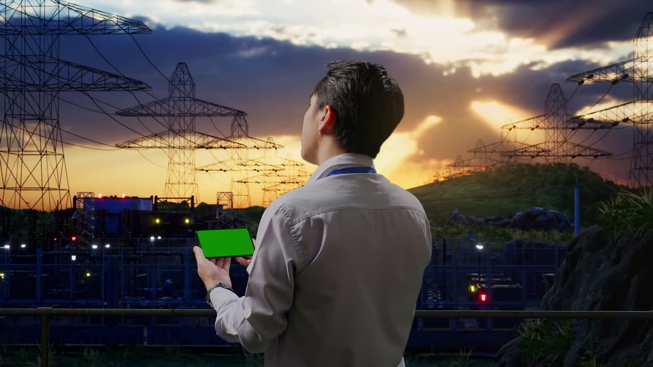 задний вид азиатского мужчины-профессионала, стоящего возле высоковольтной башни, промышленного объекта, проверяющего смартфон с зеленым экраном и смотрящего на фабрику один раз