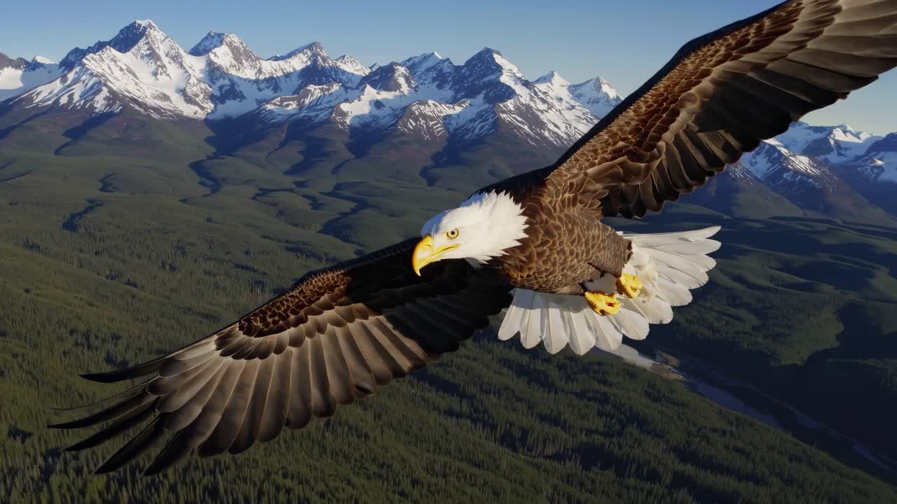 Video aereo di un'aquila calva che si libra sopra foreste lussureggianti e montagne innevate
