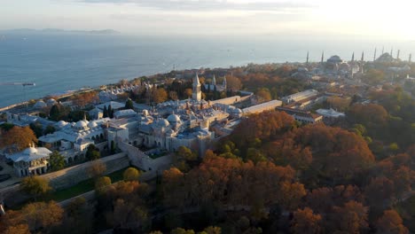 aerial view of topkapi palace and historical peninsula in istanbul. 4k footage in turkey