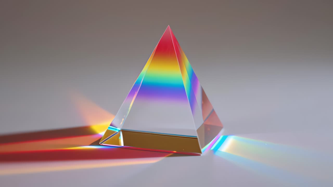 Close-up footage of a transparent glass prism refracting sunlight into a vivid rainbow spectrum, casting colorful beams and reflections on a clean white background