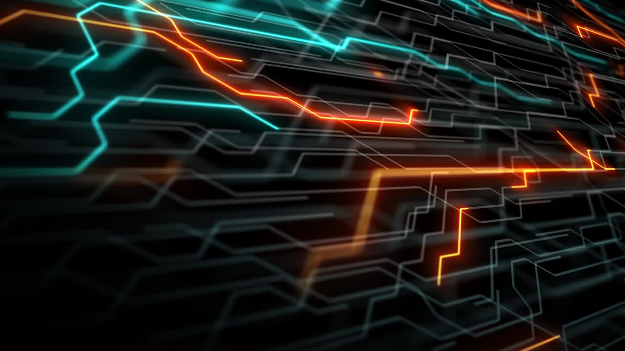 procesamiento de código de servidor de placa de circuito futurista. fondo de tecnología naranja, verde, azul con bokeh.