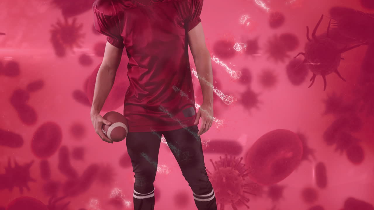 animación de las células de covid 19 sobre el jugador de fútbol americano