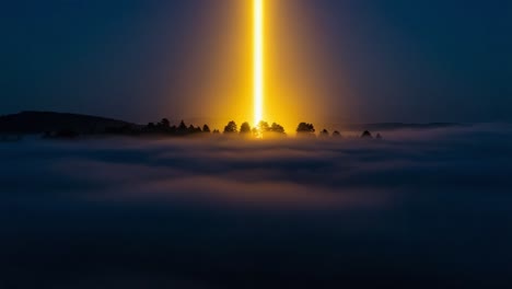 A Stunning Golden Beam Illuminates the Foggy Landscape at Dusk, Transforming the Scene into a Dreamlike Optical Phenomenon with Enigmatic Charm