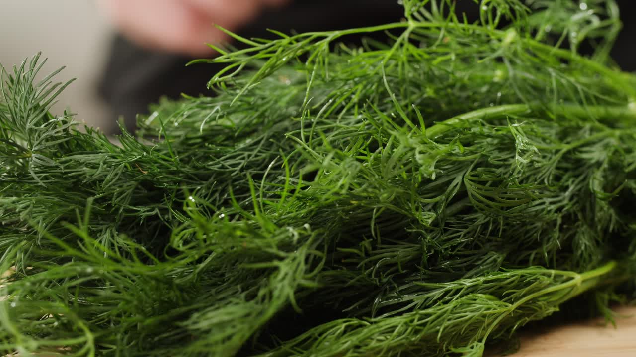 Cutting dill, chef cut dill with knife on a wooden board, close up at home, vitamin vegan greens.