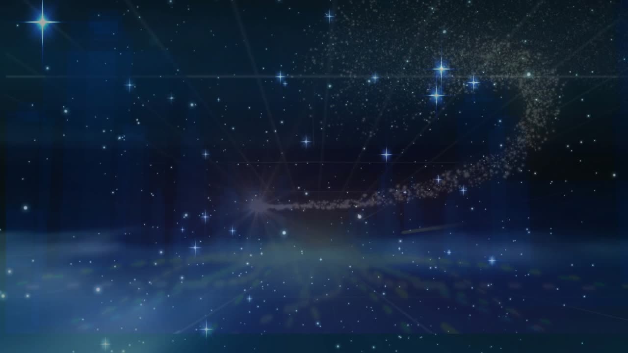 Starfield appearing, receding grid, particles shimmering, spiraling inward showing cosmic evolution