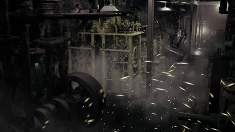 industrial interior with machinery and mysterious lighting effects