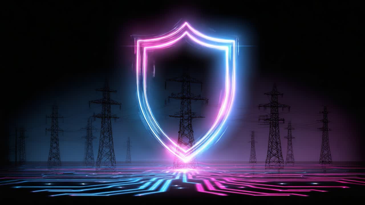 A striking visual representation of security and electricity, featuring a glowing shield surrounded by towering power lines to emphasize protection in a digital landscape