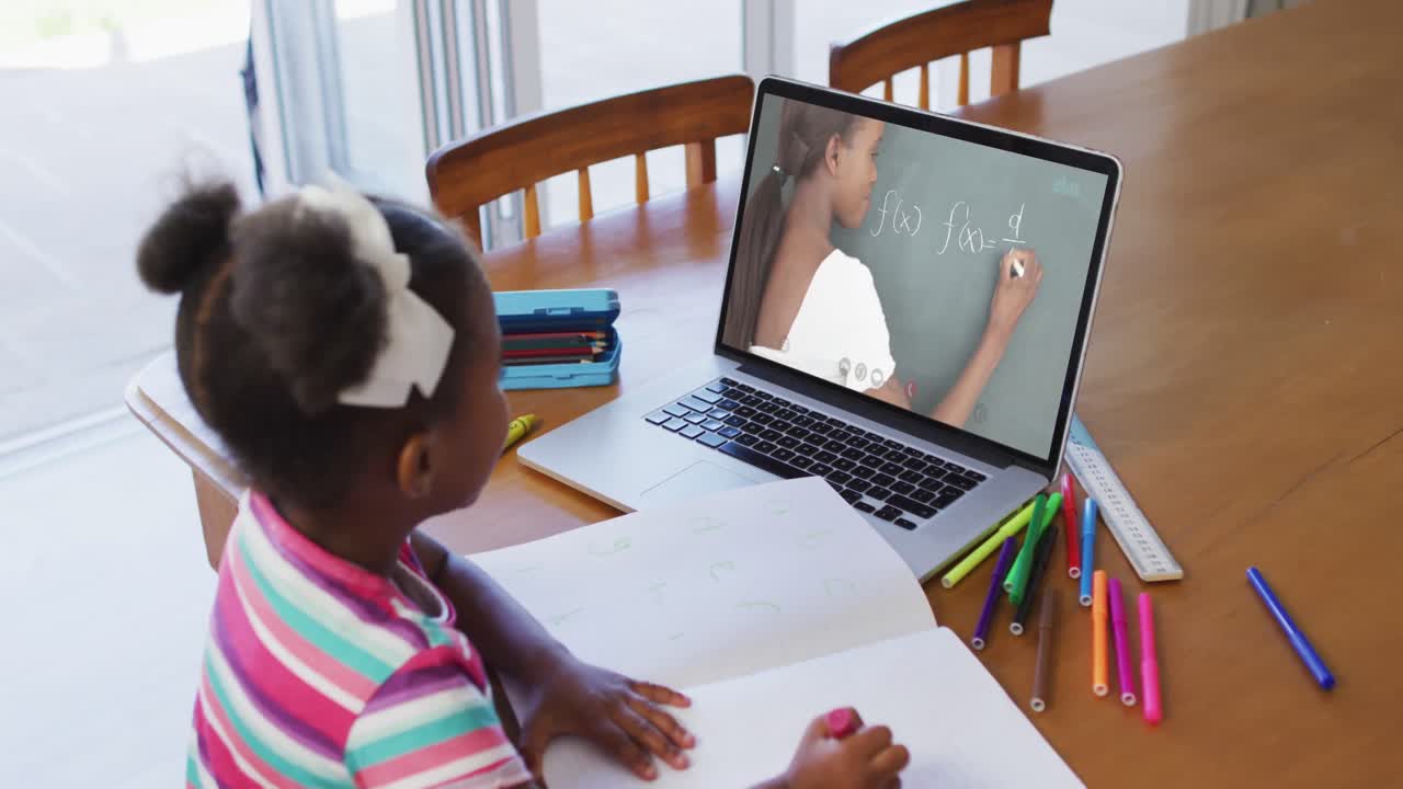 Menina afro-americana sentada à escrivaninha usando notebook tendo aula escolar online