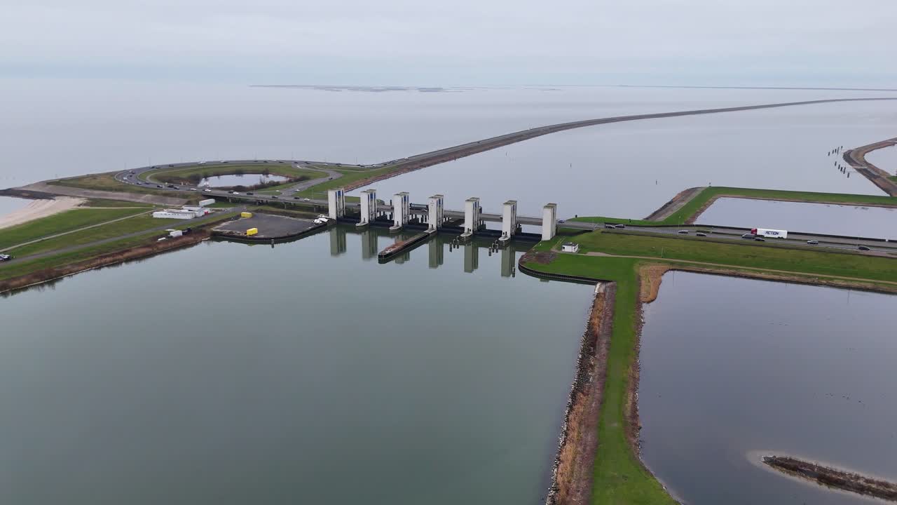 Aerial view of a sluice and road infrastructure