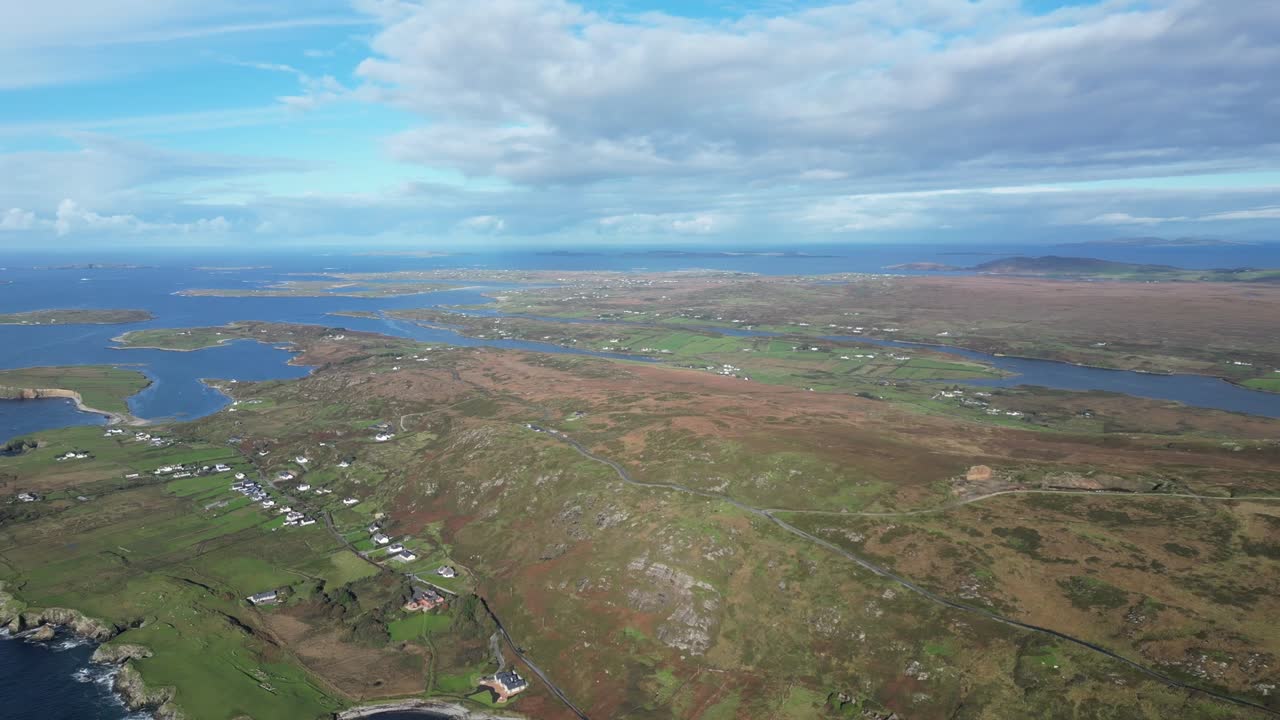Aerial view of Connemara's Sky Road in Ireland, showcasing vast landscapes