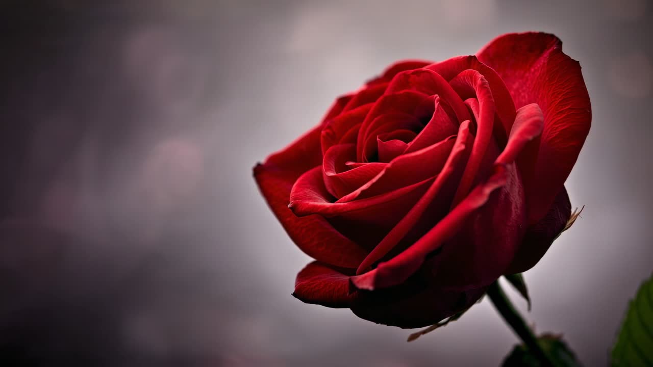 Zoomata della camera che si avvicina a una singola rosa rossa in studio, rivelando la foglia seghettata e le piccole spine