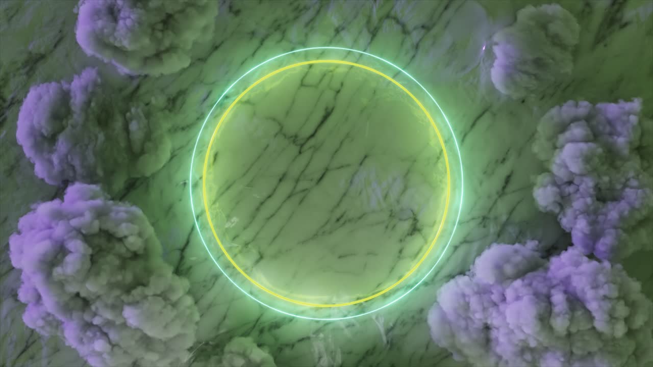 marco de círculo de neón en fondo de mármol verde con humo