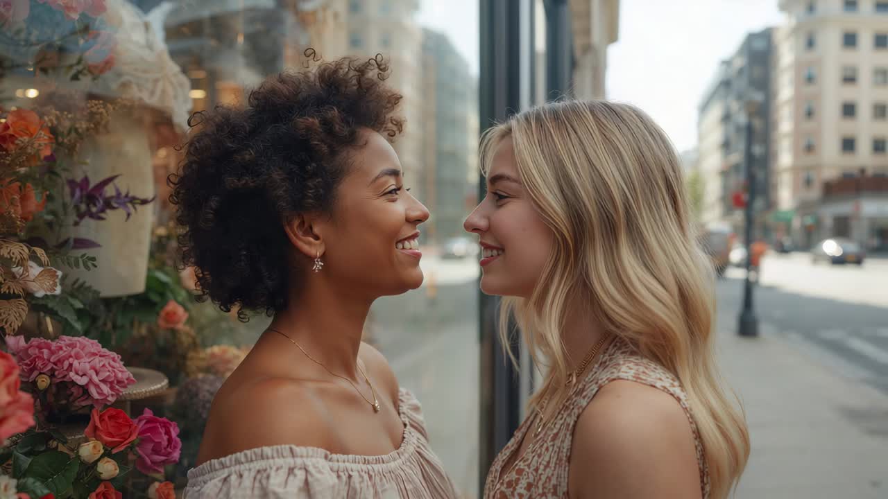 Blickkontakt zwischen zwei Frauen, die sich anlächeln und sich auf dem Bürgersteig einer Stadt näherkommen, Blumenfenster, Oberteil