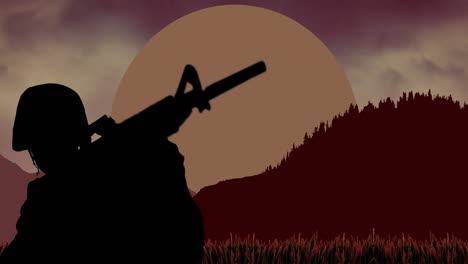 animation of american soldier over silhouettes of mountains and sun