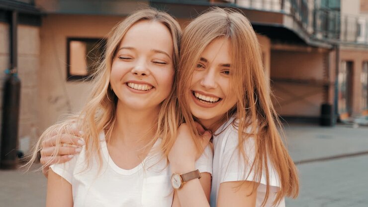 Two happy young women posing in the city