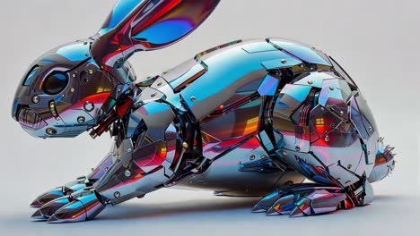 robotic iridescent rabbit sculpture