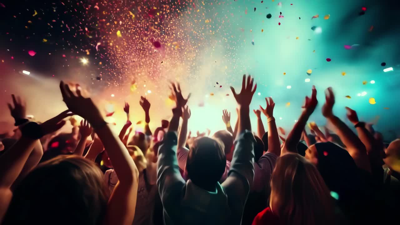 Immagine fissa di un video vivace della folla a un concerto con le mani alzate, catturata da una angolazione della camera bassa