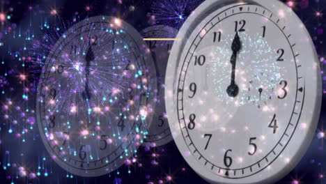 animation of happy new year text with fireworks exploding and glowing lights over moving clock