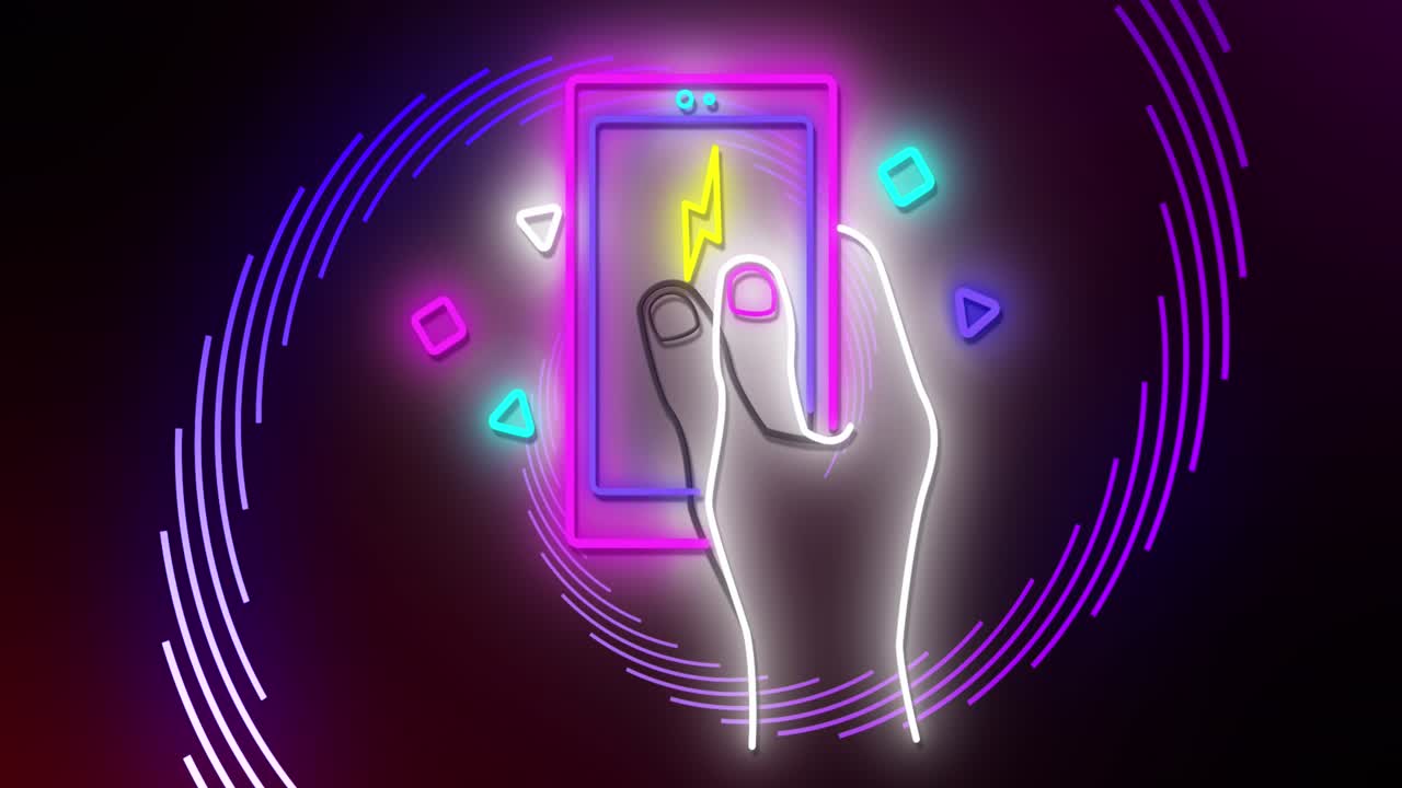 Animazione di una mano al neon con smartphone su una spirale.