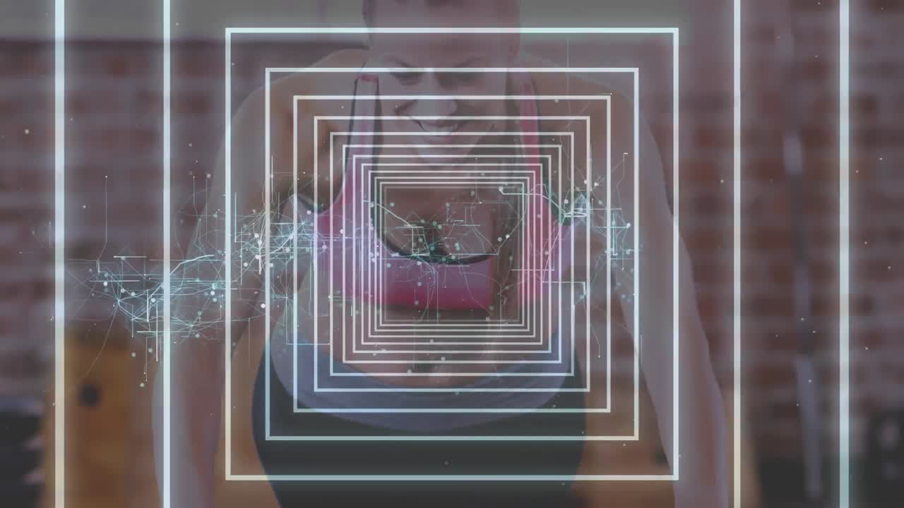 animación de un túnel brillante con una red de conexiones sobre una mujer haciendo ejercicio