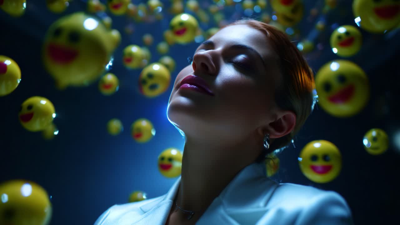 A serene woman surrounded by floating yellow smiley face emoticons, creating a whimsical and joyful atmosphere, emphasizes feelings of happiness and positivity in an artistic video frame sequence