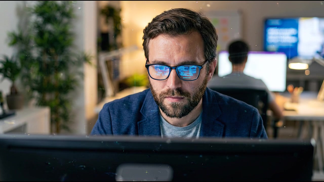 Skjeggete programvareingeniør jobber ved en stasjonær datamaskin med koderefleksjoner i brillene på et moderne kontor.