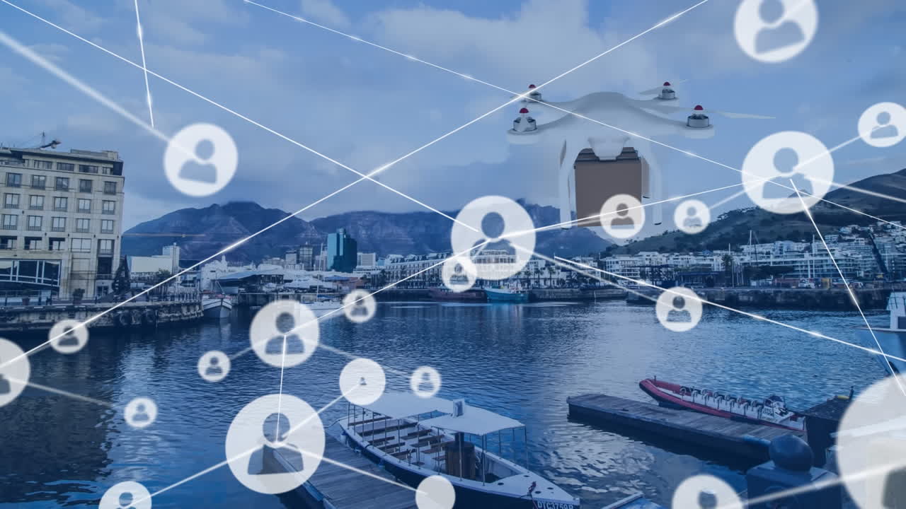 도시 항구에 정박한 배 위를 날아다니는 선과 드론과 연결된 프로필 아이콘의 애니메이션