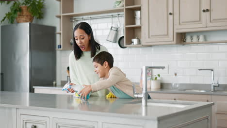 Enseñando-Al-Niño,-A-La-Mamá-Y-Limpiando-La-Cocina.