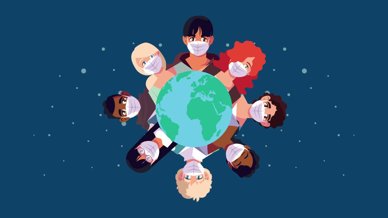 코로나19와 지구 행성에 대한 얼굴 마스크를 사용하는 사람들