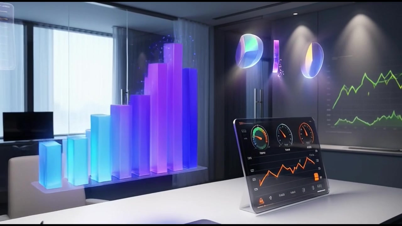 Futuristic Holographic Data Visualization in a Modern Office Workspace
