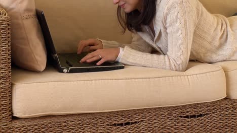 mirthful woman lying down using a laptop