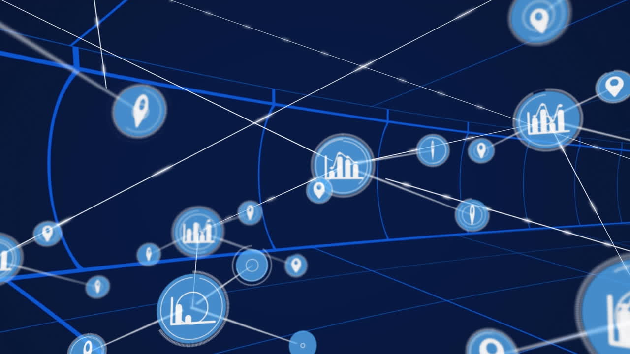 Animation of network of digital icons over tunnel in seamless pattern against blue background