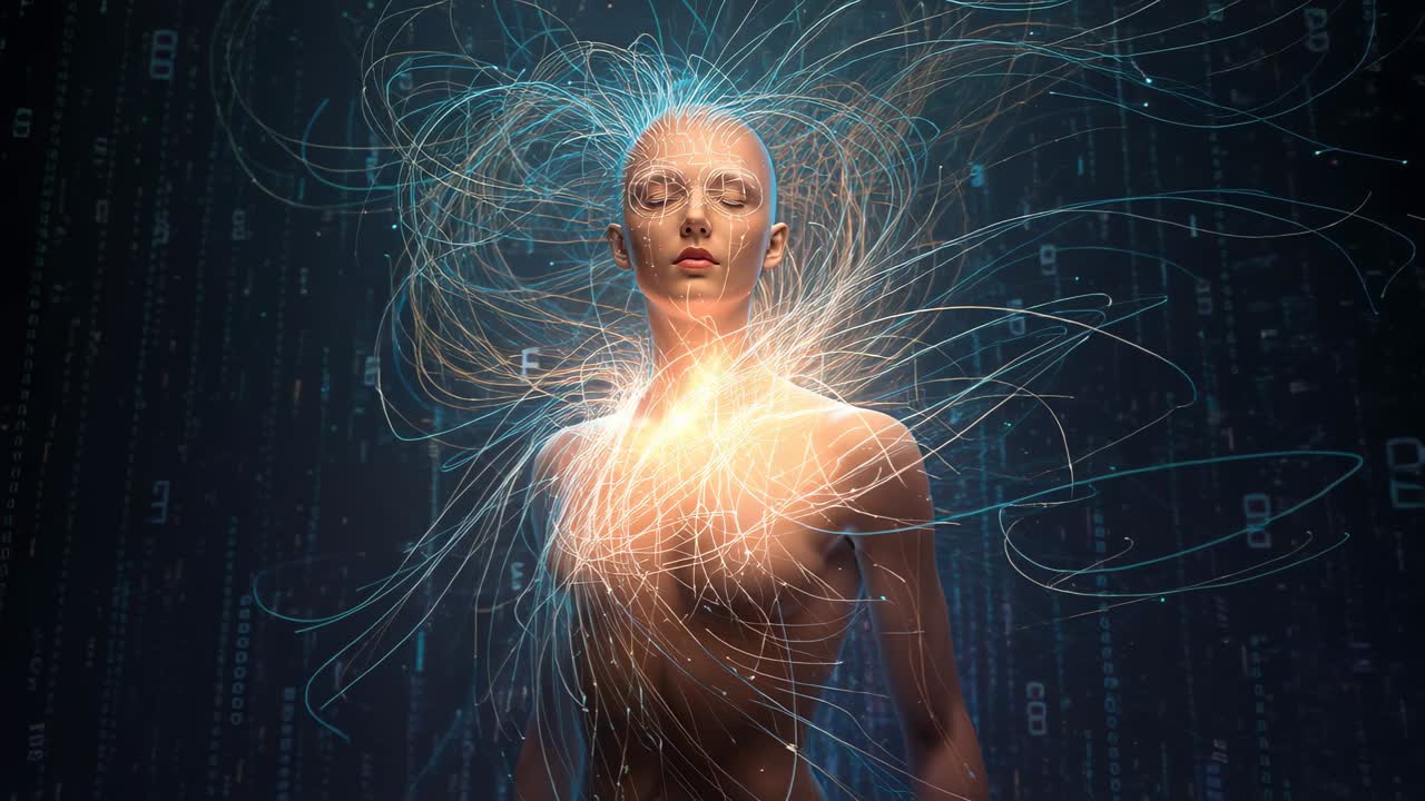 Petto pulsante in un cyborg calvo con busto nudo che attiva filamenti neurali attraverso glifi dello studio