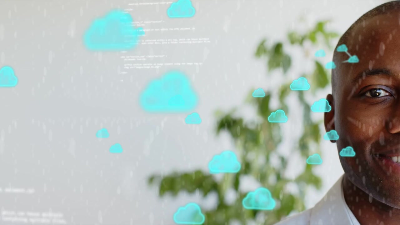 Man smiling while cyan cloud icons emerging from left overlaying face, showing cloud tech