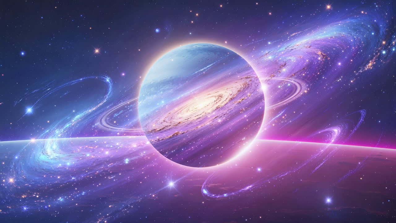 Vibrant Cosmic Planet with Rings in a Starry Galaxy