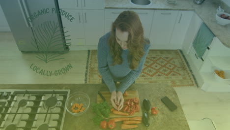 animación de texto de productos orgánicos sobre una mujer caucásica cortando verduras
