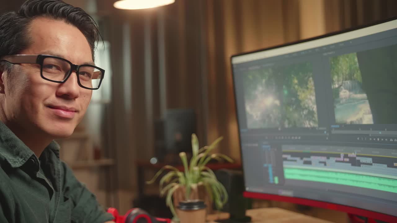 Asian Male Video Editor Works With Footage And Sound On His Personal Computer. He Turns And Warmly Smiles Into The Camera