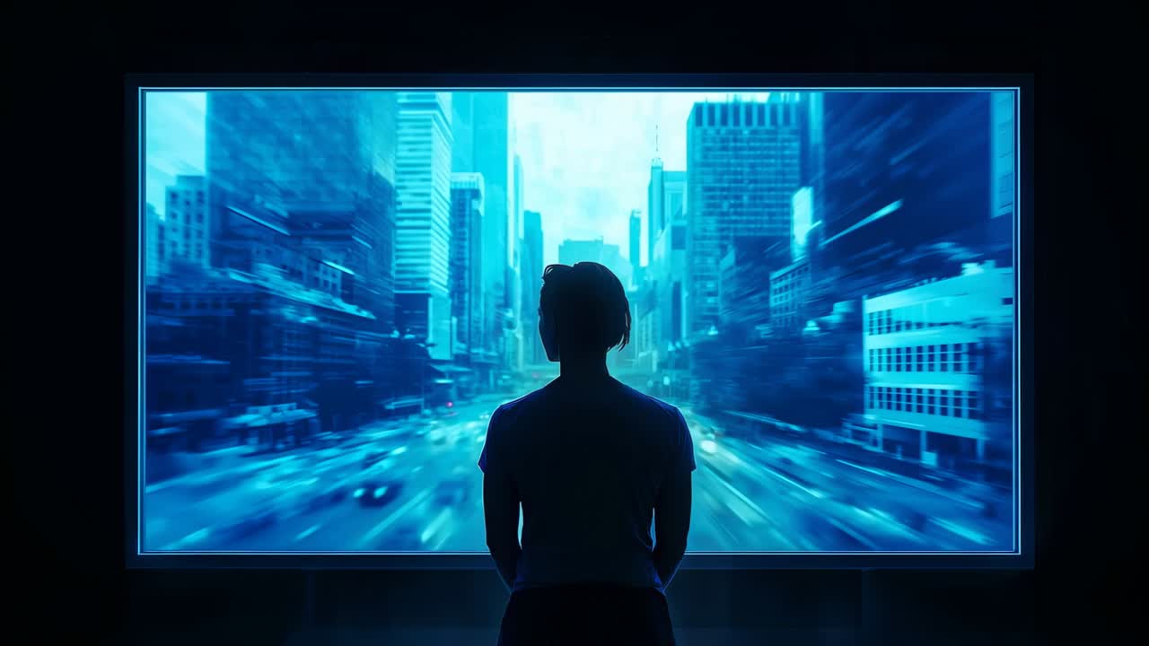 Watching ponytailed viewer in short sleeves facing moving display in dark room, showing blue city