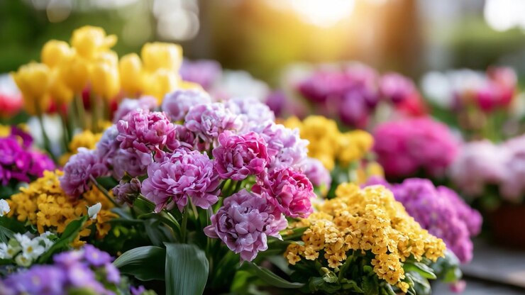 Eine lebendige Darstellung bunter Blumen in voller Blüte, die eine reiche Palette an Blütenblättern und die Schönheit der Natur im sanften Morgenlicht zeigt.