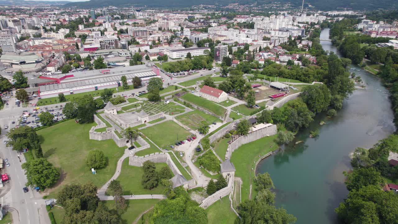 Banja Luka's Kastel Fortress by the Vrbas River, aerial of cityscape, Bosnia