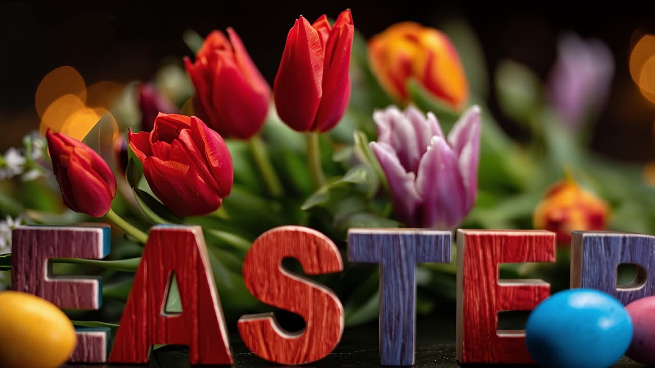 Vibrant tulips bloom behind bold wooden "EASTER" letters. Colorful eggs rest beside the word, adding festive charm. Soft bokeh lights glow behind, creating a joyful atmosphere